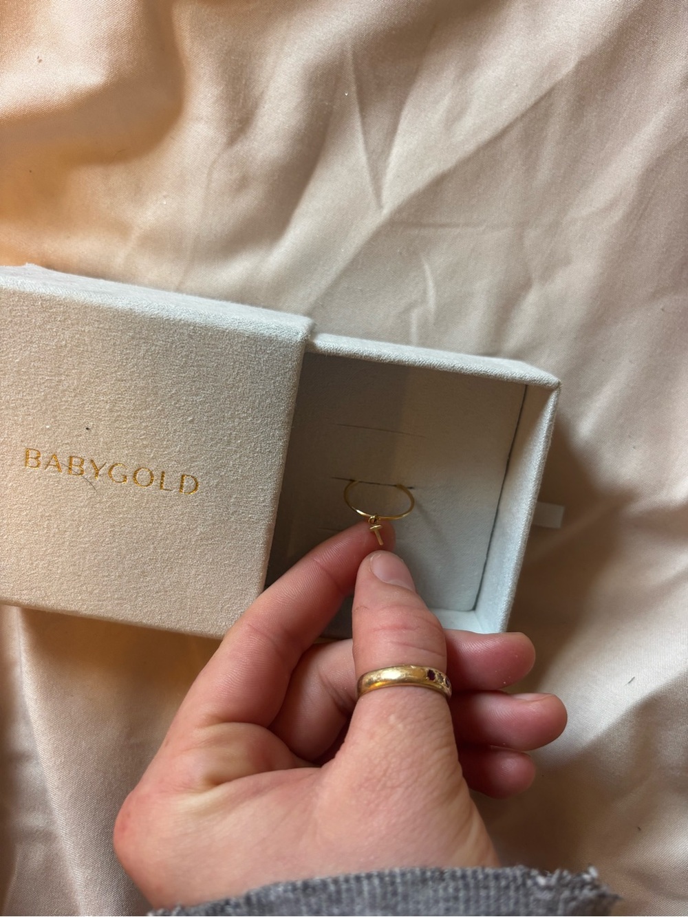 14k gold filled babyGold 
Initial Drop Ring of the letter T  (size 7)